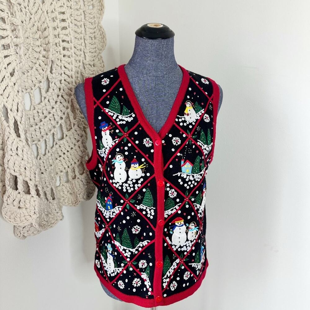 Vintage Y2K Kim Rogers Black and Red V-Neck Christmas Sweater Vest Medium
